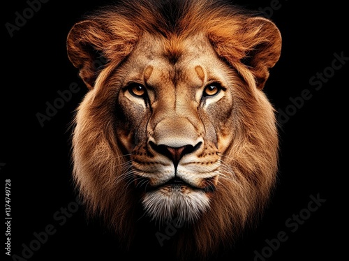 A large male African lion, known scientifically as Panthera leo, is set against a black background in this portrait, taken in South Africa
