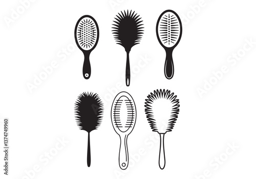 Set of Hairbrush Icons, Black Silhouette Hair Brushes, Vector Illustrations