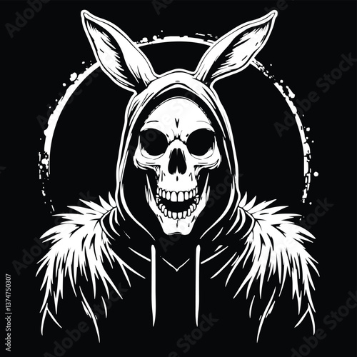 Monochrome illustration of a grinning skull wearing a fur-lined hooded jacket with upright rabbit ears and a dark circular background splatter effect for dramatic contrast