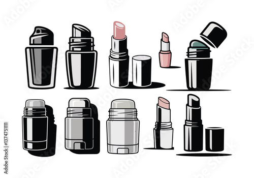 Set of Lipstick and Lip Balm Icons, Cosmetic Containers, Vector Illustrations