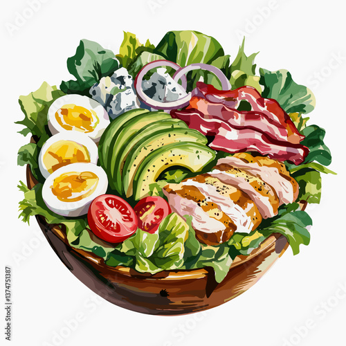 Watercolor Cobb Salad with Chicken, Avocado, and Bacon