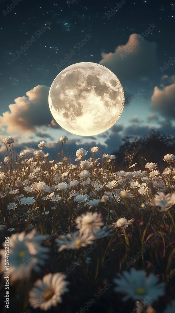 Fototapeta premium The full moon over a colorful field of flowers image