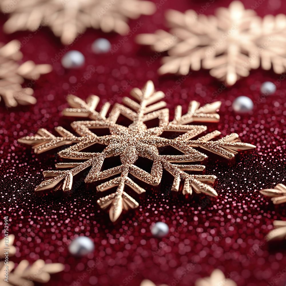 Merry Christmas, Happy New Year. Red background golden white Christmas snowflakes close up. Monochrome snowflake Christmas background gold, luxury, flat lay, snowflakes, copy space Merry Christmas, Happy New Year. Red background golden white Christmas snowflakes close up. Monochrome snowflake Christmas background gold, luxury, flat lay, snowflakes, copy space