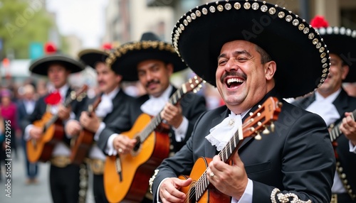 Joyful mariachi band performing outdoors during festive street celebration