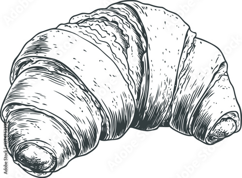 Detailed sketch of a croissant illustrating flaky texture in black and white. Vector illustration
