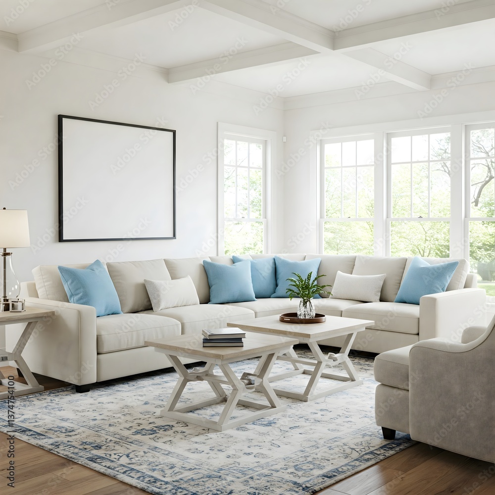 Fototapeta premium Frame mockup, ISO A paper size. Living room wall poster mockup. Interior mockup with house background. Modern interior design. 3D render