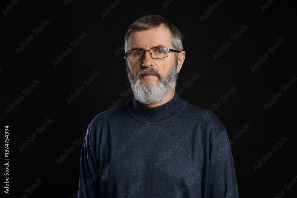 Naklejka premium Portrait of mature man in glasses on black background