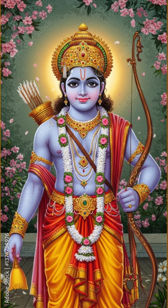 Fototapeta premium Young man holding bow with arrows. Rama Navami concept for greeting card. Blue hindu god portrait for religious holiday banner, spiritual celebration poster