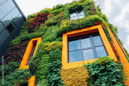 Vertical garden with lush plants on modern building facade.  