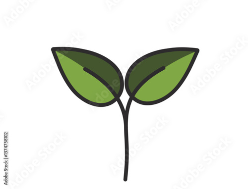 Sprouted plant with two leaves illustration in green colors. Seedling, planting and spring design element. Isolated vector image