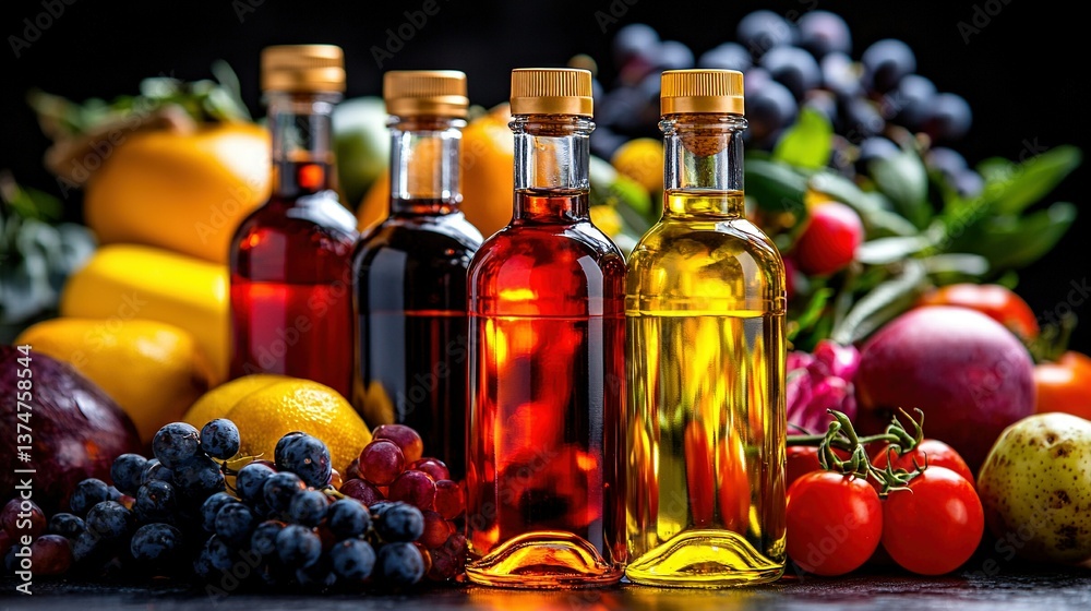 A well-organized arrangement featuring a collection of olive oil bottles atop an assortment of fruits, specifically grapes and tomatoes A well-organized arrangement featuring a collection of olive oil bottles atop an assortment of fruits, specifically grapes and tomatoes