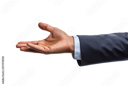 A hand extended in a gesture of offering wearing a suit sleeve on a black background image view