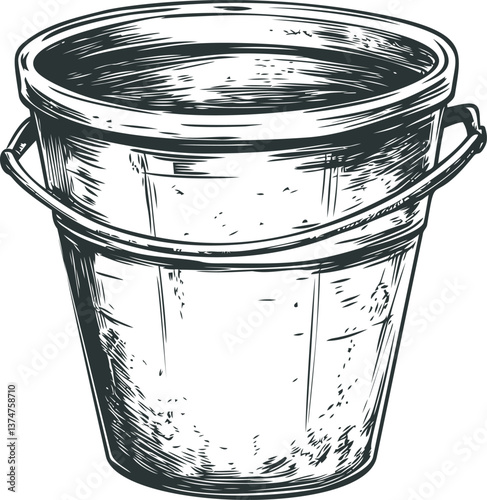 Steel bucket illustration in black and white