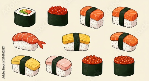 Delicious Sushi Assortment Illustration Featuring Maki, Nigiri, and Ikura Pieces
