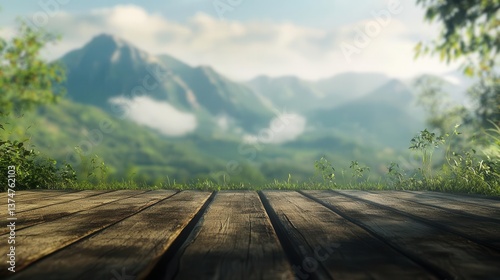 Blurred Mountain Landscape Wooden Floor Background Nature Abstract