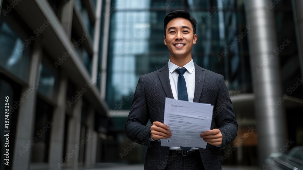 Businessman Smiling with Confidence, Dressed in a Suit and Holding a Report Businessman Smiling with Confidence, Dressed in a Suit and Holding a Report