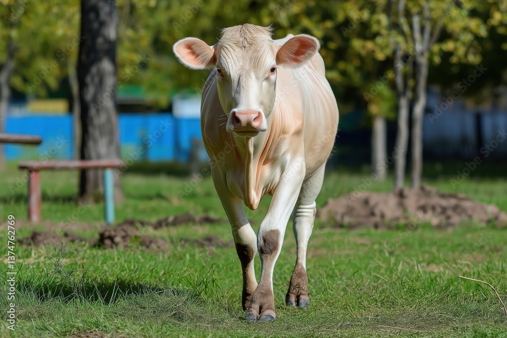 custom made wallpaper toronto digitalWhite cow walking confidently through grassy field under bright sun with lush trees in background on a peaceful day