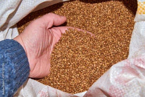 a hand sorts through buckwheat in a bag