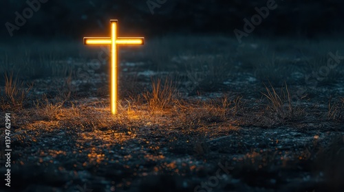Glowing Cross Field Warm Light Jesus Christ Christianity Background