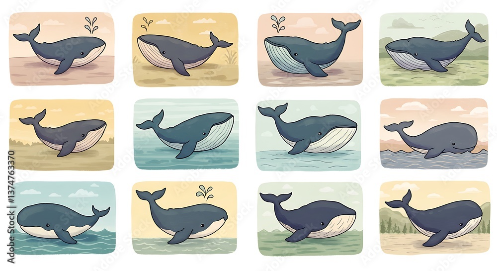 Obraz premium Cute Whale Cartoon Illustrations with Ocean Backgrounds for Children Projects