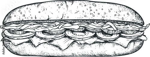 Hand drawn sandwich illustration with detailed bread and layers in black and white. Vector illustration