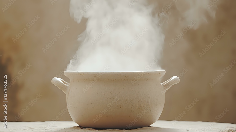White ceramic pot with rising steam on wooden surface against neutral background, creating minimalist cooking atmosphere for food and culinary concepts.