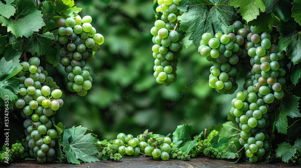 Frame from hanging bunches of ripe green grapes with branches and leaves. Seasonal background vineyard, branch grapes ready for harvest. Concept shopping, sale, discount, banner, advertisement. Frame from hanging bunches of ripe green grapes with branches and leaves. Seasonal background vineyard, branch grapes ready for harvest. Concept shopping, sale, discount, banner, advertisement.