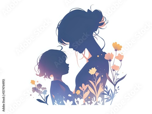 Silhouette of mother and daughter surrounded by delicate wildflowers in gradient blue and peach tones, expressing tender family connection and motherly love.
