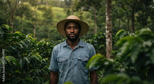 Portrait of a man in a straw hat standing in a field of green plants on a sunny day outdoors