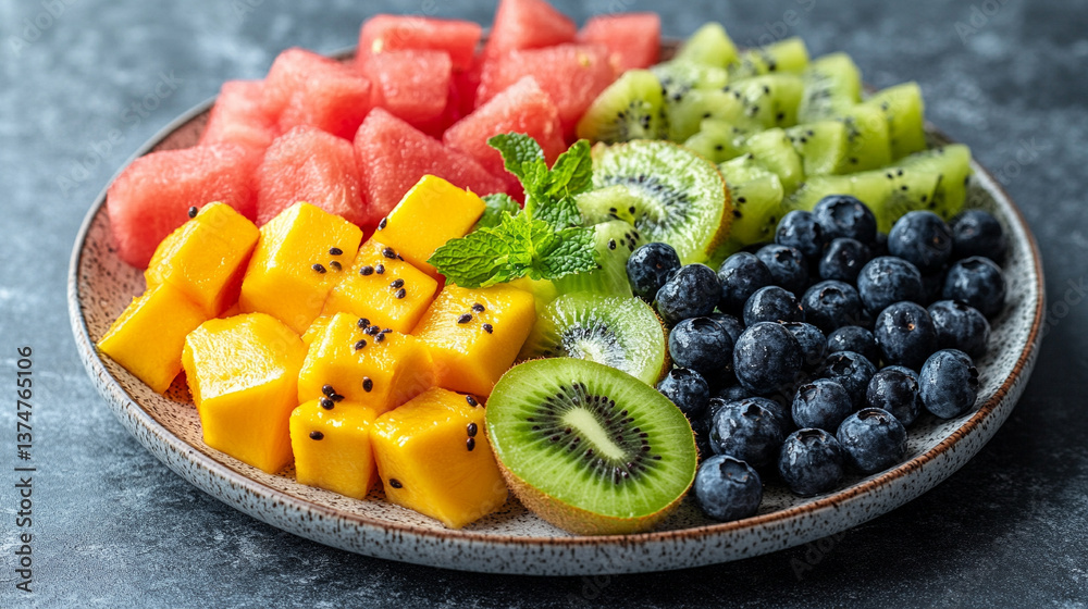 vibrant plate of mixed fruit salad featuring watermelon, kiwi, mango, and blueberries symbolizing freshness, vitality, and the essence of healthy living in a modern lifestyle vibrant plate of mixed fruit salad featuring watermelon, kiwi, mango, and blueberries symbolizing freshness, vitality, and the essence of healthy living in a modern lifestyle
