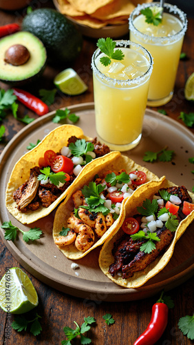 Obraz na płótnie Colorful tacos and margaritas flat lay isolated on transparent background, ideal for Mexican restaurant ads, food blogs, and social media promotions keywords: tacos, margaritas, flat lay, Mexican w salonie