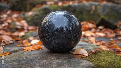  Polished black stone sphere on mossy rock with autumn leaves