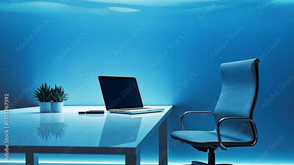 Blue office, laptop, chair, night, work, calm, productivity, background