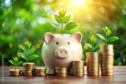 Piggy bank with coins on green background