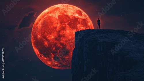 Silhouette Gazing at a Giant Crimson Moon: A solitary figure stands on a cliff's edge, mesmerized by the colossal red orb in the night sky.