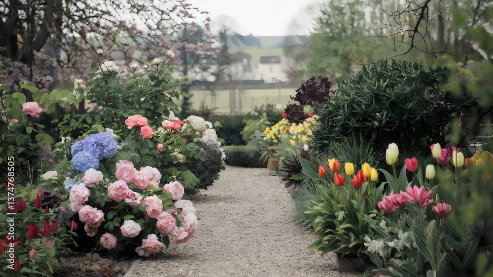 Obraz premium Gravel path through a blooming garden with colorful flowers – Perfect for garden enthusiasts, landscaping promotions, or floral-themed content.