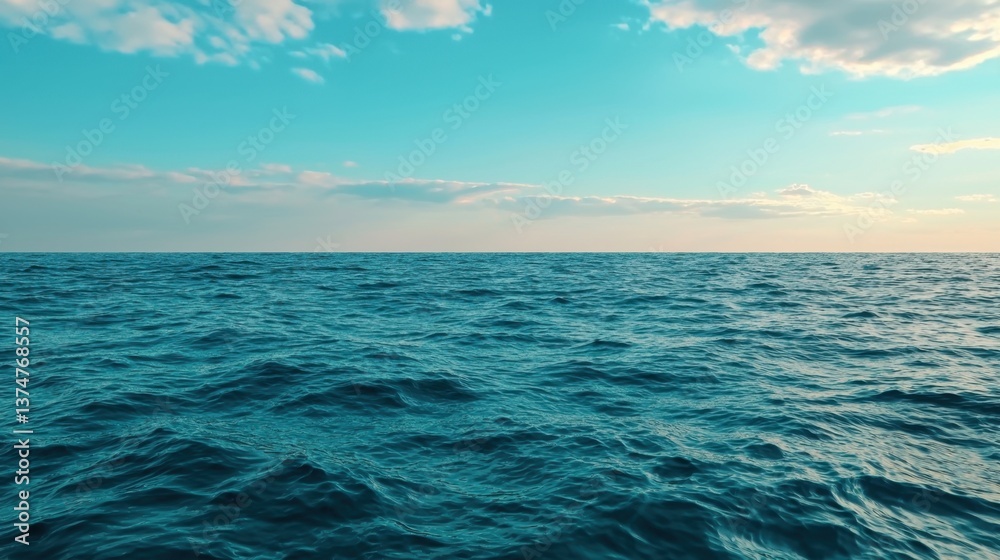 Obraz premium The tranquil blue ocean stretches out to the horizon, bathed in soft sunlight as fluffy clouds drift lazily above. The moment evokes a sense of peace and wonder.