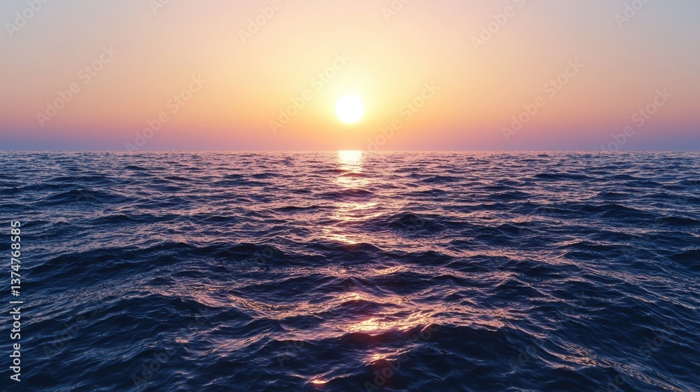 Fototapeta premium A stunning sunset showcases hues of orange and purple against the tranquil ocean. The gentle waves reflect the vibrant colors as day transitions to night.