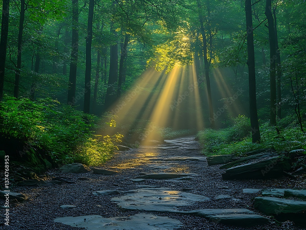 Obraz premium Sunbeams Forest Path Trail.