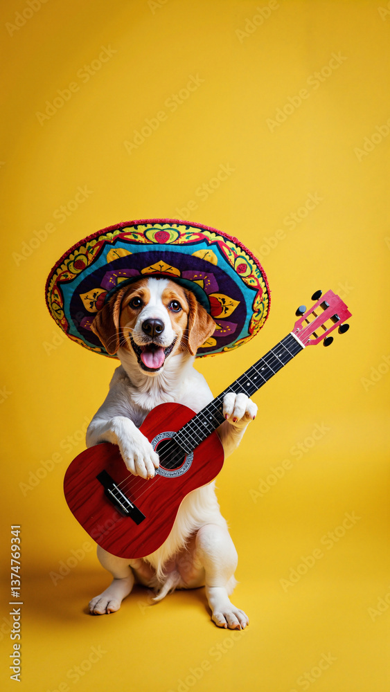 Cheerful dog in Mexican sombrero playing guitar isolated on transparent background, perfect for Cinco de Mayo ads, pet brands, and festive promotions keywords: dog, cheerful, Mexican, sombrero,