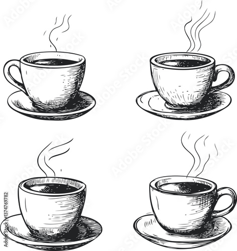 Sketch of four steaming coffee cups