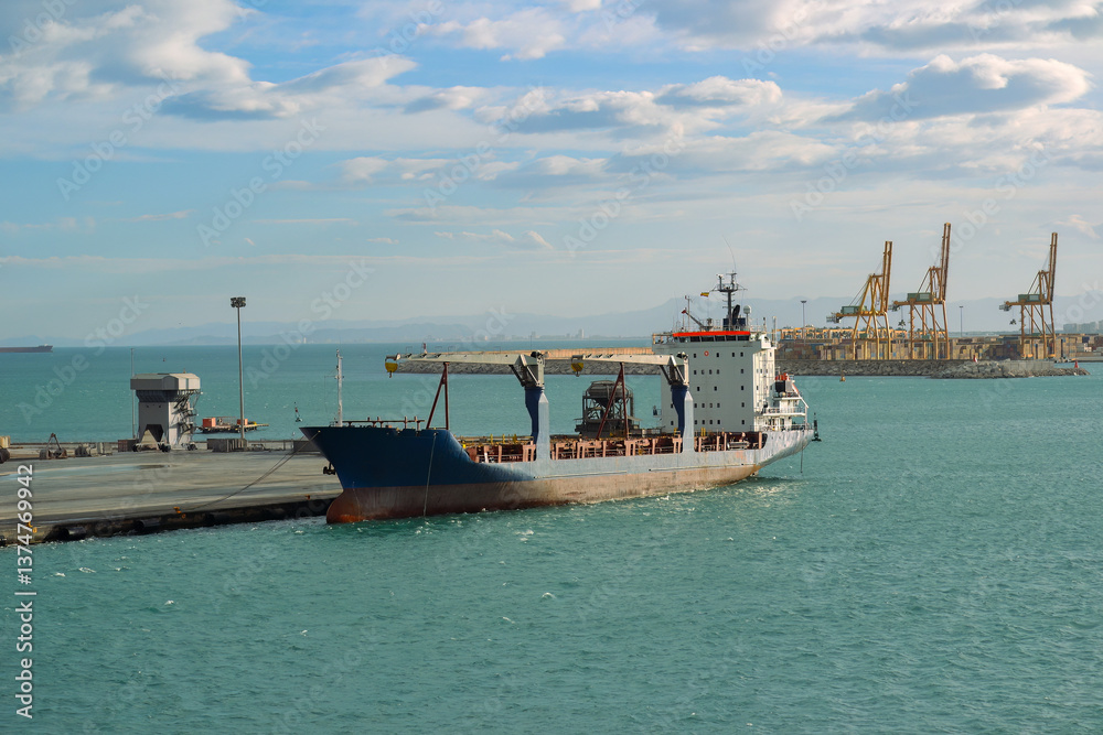 Cargo Ship Docked at Port with Yellow Gantry Cranes and Turquoise Water