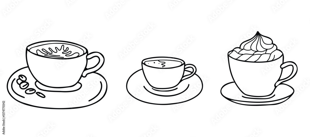Obraz premium Coffee Cups Set. Cappuccino, Americano or Espresso, with whipped Cream. Cozy Black and white Sketch illustration in Doodle style. Ideal for beverage branding, cafe menu and graphic design projects.