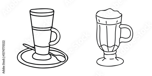 Latte, Irish or Iced Coffee cocktail cups set. Hand drawn Vector Doodle illustration isolated on a white background. Black and white Sketch. Ideal for beverage branding, cafe menu and graphic design