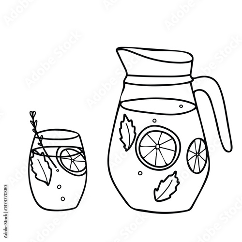 Lemonade Jug and Glass Set. Summer refreshment beverage with Lemon and mint. Hand drawn vector illustration in Doodle style isolated on a background. For restaurant menus and graphic design projects.