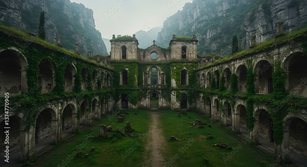 Obraz premium Exploring Old Abandoned Monastery Ruins Covered in Green Ivy with Mountains