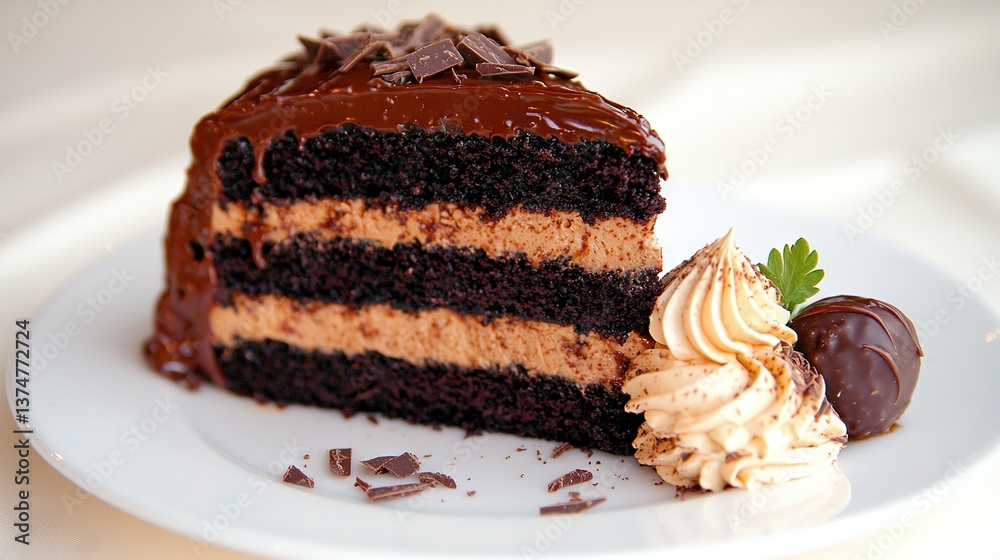 A chocolate cake sits atop a white plate, with another slice of chocolate cake placed on top A chocolate cake sits atop a white plate, with another slice of chocolate cake placed on top