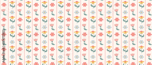 Colorful floral seamless retro wallpaper. Vintage style floral background design.