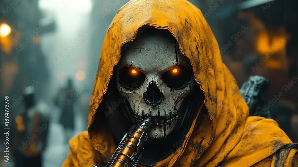 Hooded Grim Reaper with Glowing Orange Eyes Playing a Futuristic Metal Flute in a Rainy Cyberpunk Cityscape