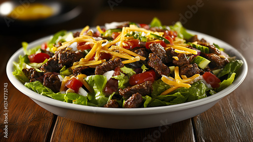 A zesty taco salad with seasoned beef shredded lettuce and cheddar cheese.